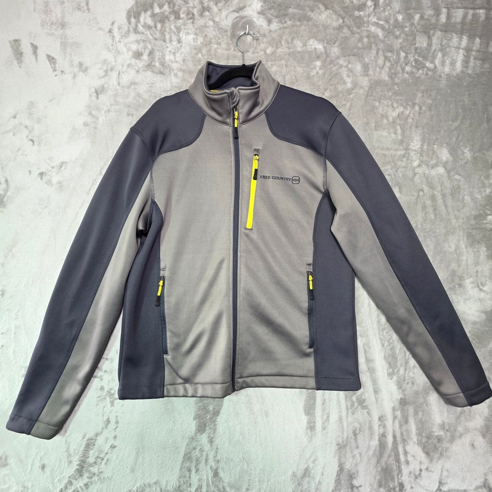 Free Country Mens Softshell Jacket Gray Neon Yellow Full Zip Fleece Lined Medium